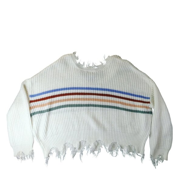 Rue21 Womens L Distressed Sweater White Striped‎ Knit Pullover Grunge Y2K - Picture 9 of 9